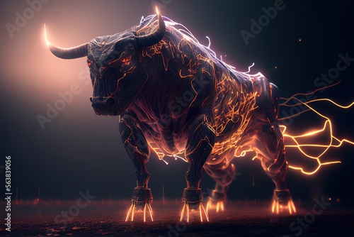 Massive muscular cyberpunk bull with sparkling with lightnings. Generative art 