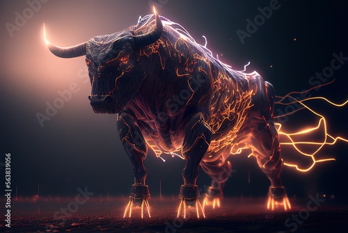 Massive muscular cyberpunk bull with sparkling with lightnings. Generative art	 photo