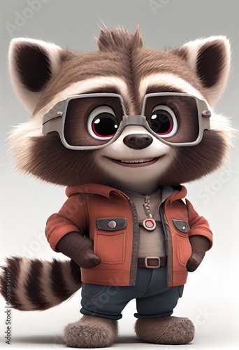 Cute funny cartoon racoon wearing eyeglasses and jacket and jeans. Generative art