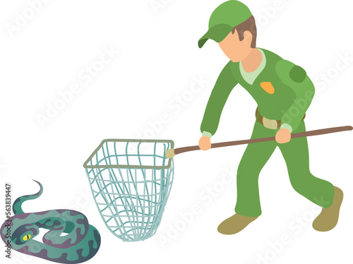 Purple snake icon isometric vector. Man in uniform with landing net near snake. Reptile capture, herpetology