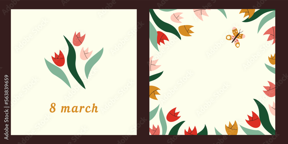 Cute cards with spring tulip flowers. Romantic floral frame background. International Women's Day, 8 march concept. Colorful flat vector illustration for social media post, postcard, poster