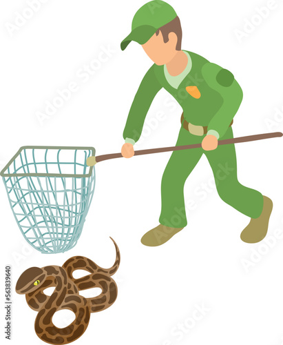 Boa constrictor icon isometric vector. Man in uniform with landing net near boa. Reptile capture, herpetology