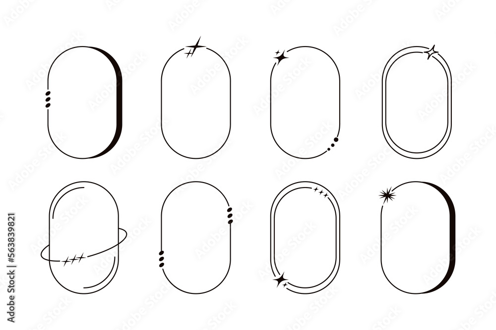 Y2k aesthetic line frame vector set. Trendy minimalist linear oval shaped elements with stars, blings. Minimal style boho borders. Geometric design for logo, badge, social media