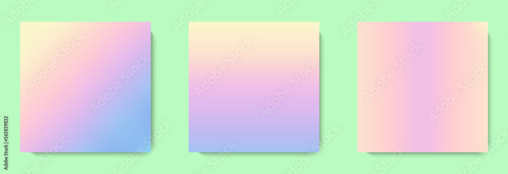 Mesh gradient backgrounds set in pastel colors. Y2k aesthetic. Copy space for text. Abstract blurry vector templates design for banner, cover, social media post