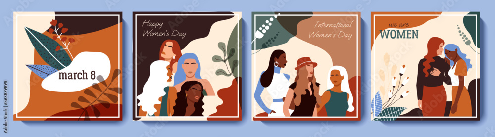 Obraz premium Happy Women's day greeting card set. March 8 holiday background with diverse female characters and flowers. Vector design for poster, postcard, invitation, flyer. International women's day
