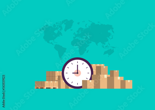 Transport express delivery punctuality shipping parcel packages and international transportation world map concept copy space flat vector illustration.
