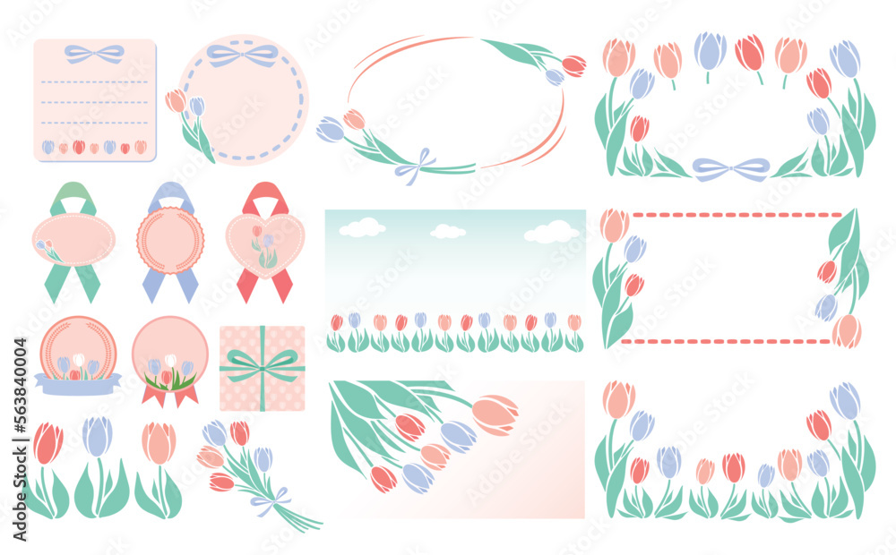 シンプル可愛い春のお花のチューリップフレームとイラストのセットベクター素材_赤色青色_文字なし