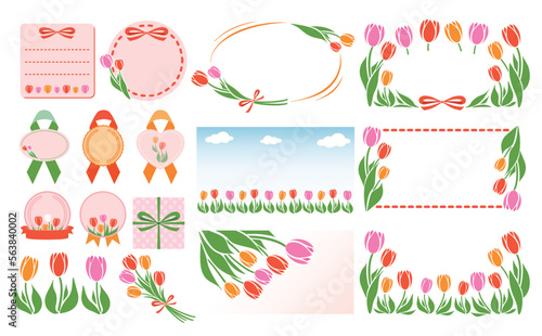 シンプル可愛い春のお花のチューリップフレームとイラストのセットベクター素材_赤色黄色ピンク_文字なし #563840002