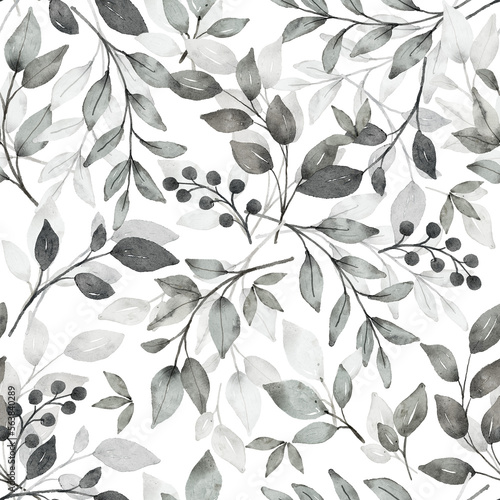 Seamless paper, grey leaves pattern, digital wallpaper. Watercolor painting. Perfectly for wrap, fabric, textile design. photo