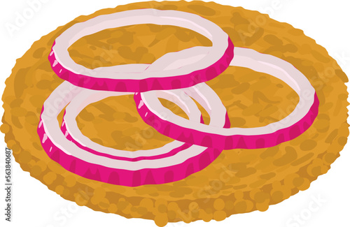Burger meat icon isometric vector. Raw minced meat in cutlet form and onion ring. Protein product, frozen mince