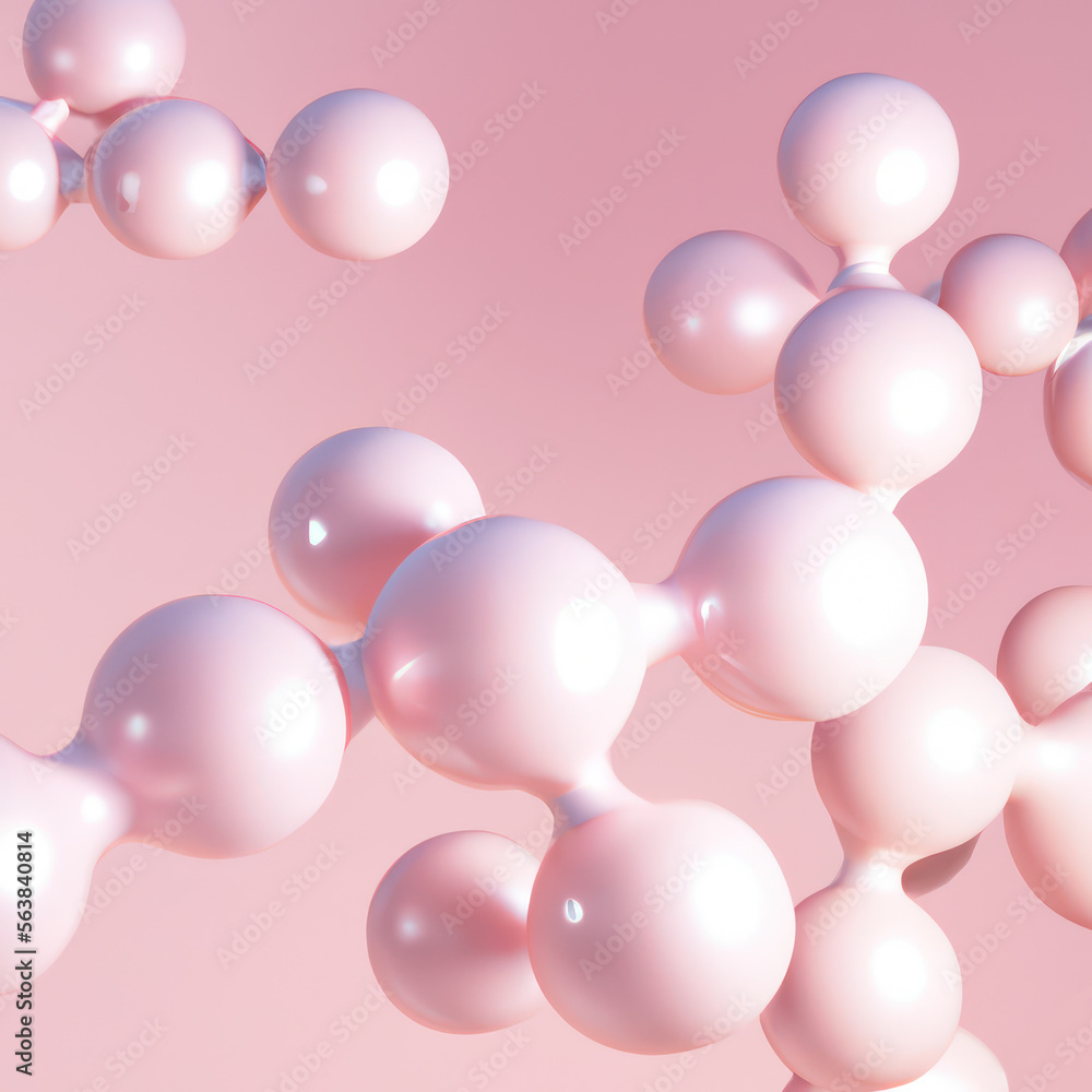 Pink bubbles or molecule or collagen in 3D illustration for serum skincare. skincare solution for beauty. Generative AI. 