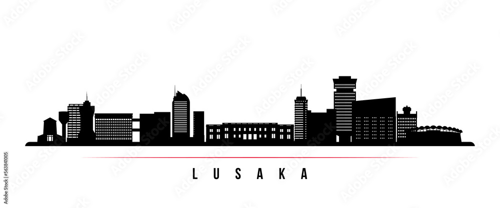 Lusaka skyline horizontal banner. Black and white silhouette of Lusaka, Zambia. Vector template for your design.