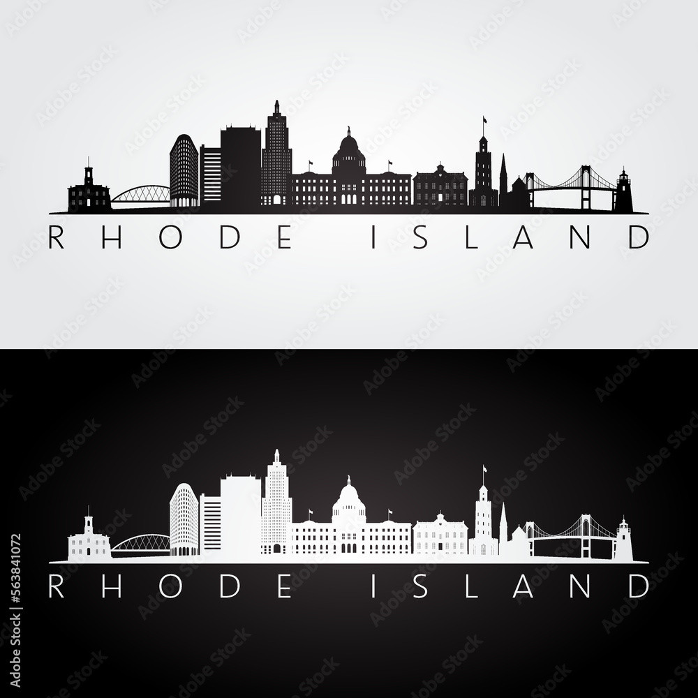 Rhode Island state skyline and landmarks silhouette, black and white design. Vector illustration.