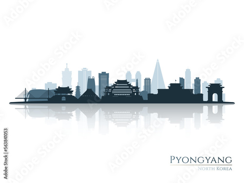 Pyongyang skyline silhouette with reflection. Landscape Pyongyang, North Korea. Vector illustration. © greens87