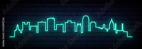 Blue neon skyline of Winston–Salem. Bright Winston–Salem City long banner. Vector illustration. photo