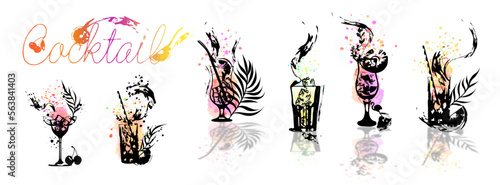 Set of cocktail glasses - Cocktail bar menu. Vector elements for restaurant and cafe. Design template with different colorful cocktails.  Art for menu, shop, market or sale.