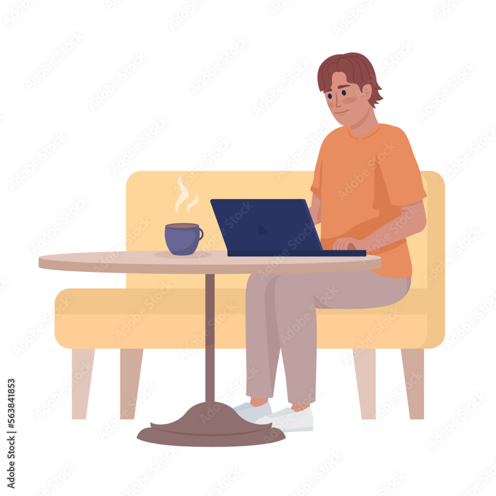 Man working remotely on laptop from coffeehouse semi flat color vector character. Editable figure. Full body person on white. Simple cartoon style illustration for web graphic design and animation Man working remotely on laptop from coffeehouse semi flat color vector character. Editable figure. Full body person on white. Simple cartoon style illustration for web graphic design and animation