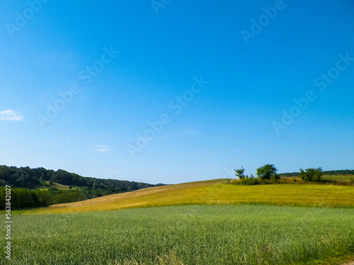 Landscape of meadow and hills in Wieżyca, Kashubian Region, Poland.