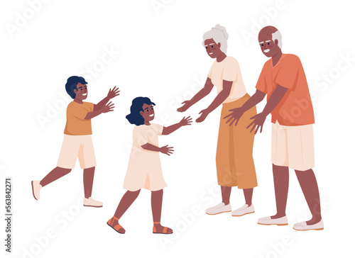 Happy grandparents greeting grandchildren semi flat color vector characters. Editable figures. Full body people on white. Simple cartoon style illustration for web graphic design and animation