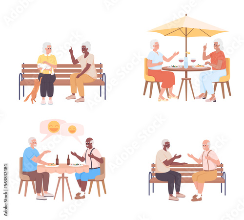 Socializing for seniors semi flat color vector characters set. Social life. Editable figures. Full body people on white. Simple cartoon style illustration pack for web graphic design and animation