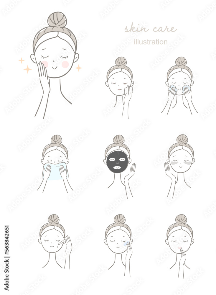 Illustration set of a woman taking care of her face.