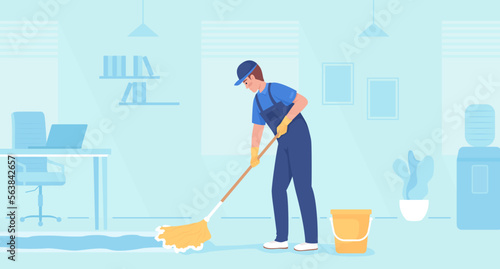 Commercial floor cleaning service flat color vector illustration. Male janitor mopping office building flooring. Fully editable 2D simple cartoon character with light blue interior on background
