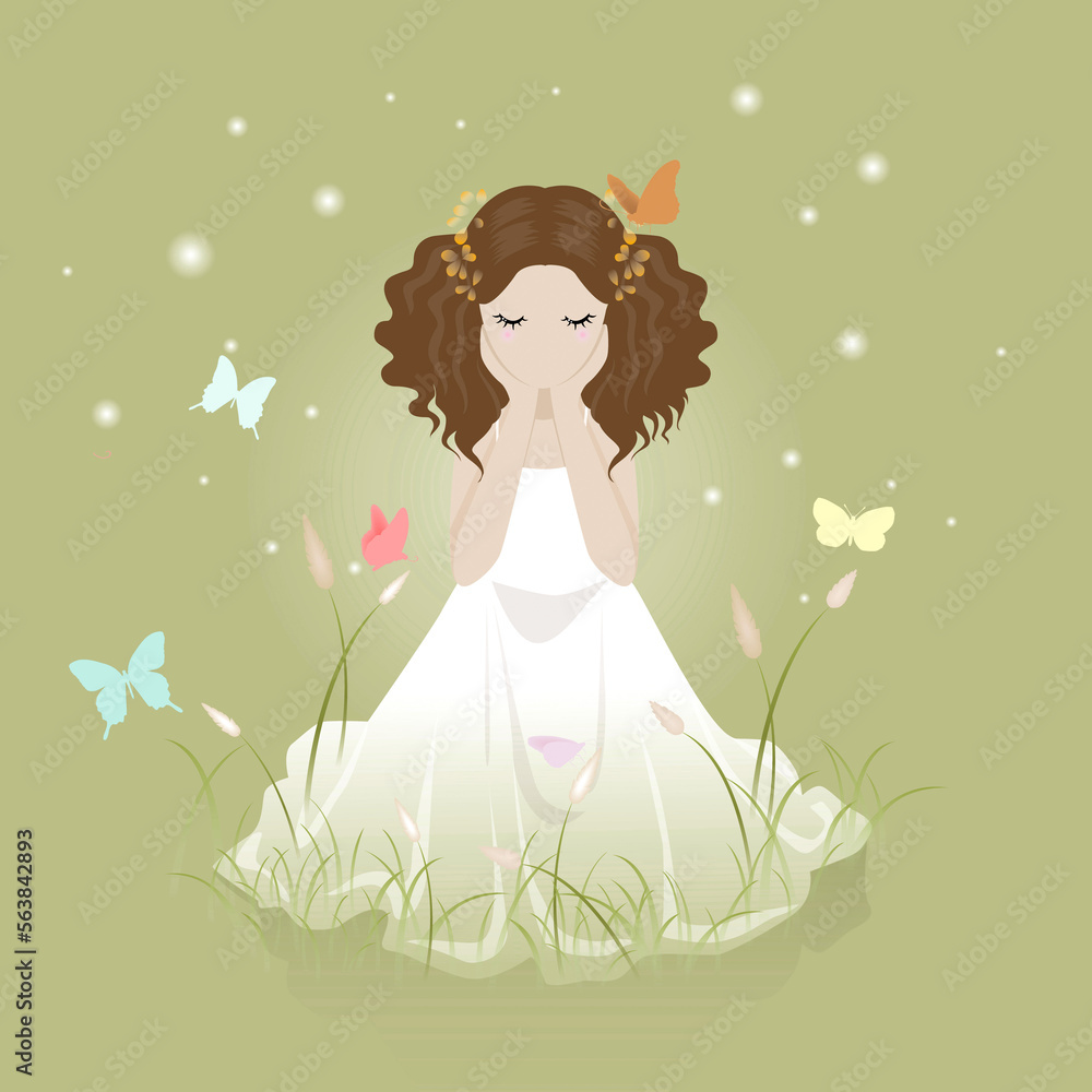 Curly hair girl on white dress sitting in the garden, illustration cartoon on green background