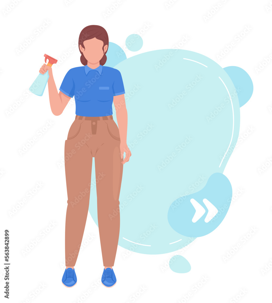 Female housekeeper with spray bottle quote textbox with flat character. Tidying house service. Speech bubble with editable cartoon illustration. Creative quotation isolated on white background