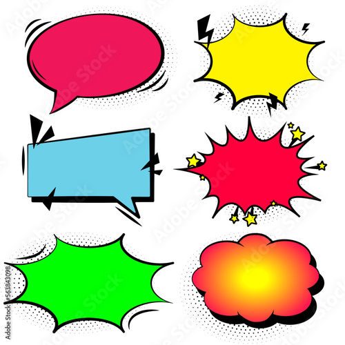 Cartoon empty retro comic style speech bubbles set with black halftone shadows. Hand drawn pop art, vintage speech clouds, thinking bubbles, and conversation text elements. Vector illustration