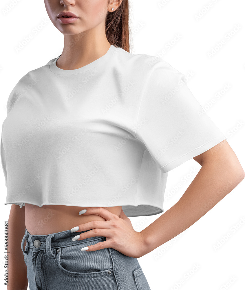 Mockup of a white crop top on a girl's body, png, canvas bella, side