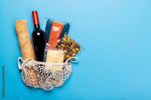 Shopping bag with wine and food