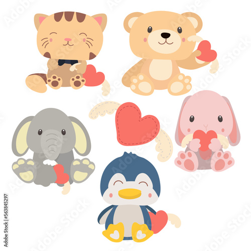 A set of plush toys bear, hare, penguin, elephant, tiger. With toys in his hands, a heart with wings. Birthday, Valentine's Day, a holiday gift for a girl, a child. Banner. Vector illustration