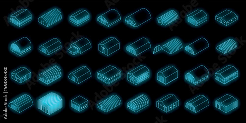 Hangar icons set. Isometric set of hangar vector icons neon color on black
