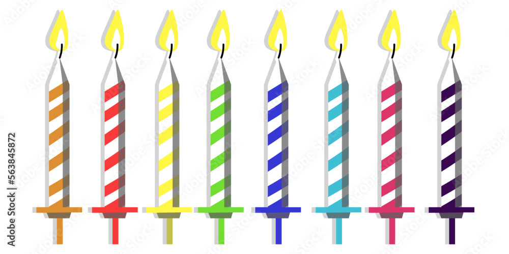 A set of simple birthday cakes. The candles for the cake are already burning. Festive colored burning candles. Isolated illustration. Decor. Printing on postcards, banners, leaflets, mugs, T-shirts.