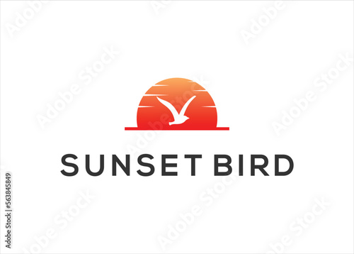 bird seagull fly on sunset logo vector illustration design