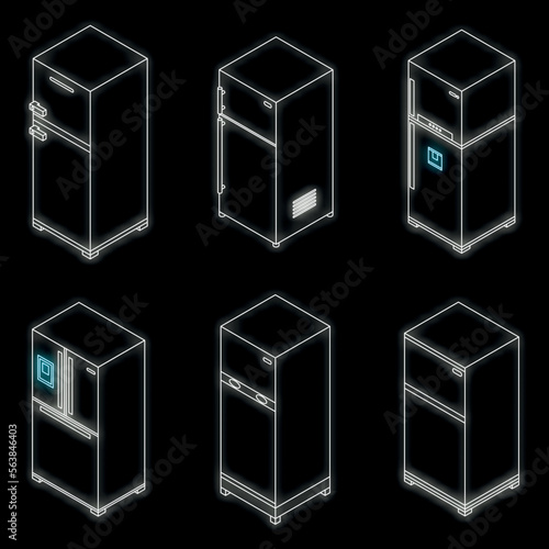 Fridge icons set. Isometric set of fridge vector icons neon color on black