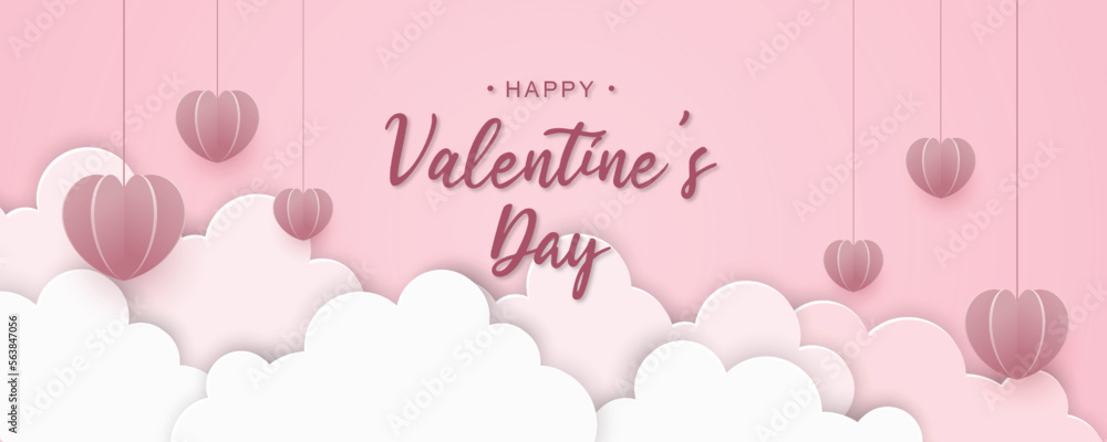Valentines day background with paper cut clouds and hearts. Vector illustration.