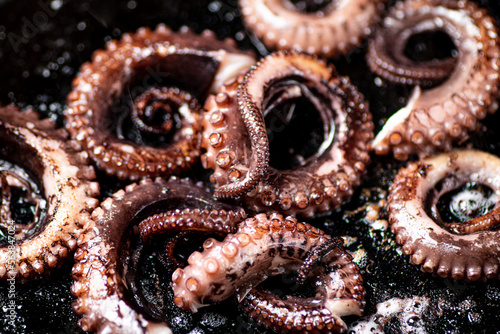 An octopus in a frying pan. 