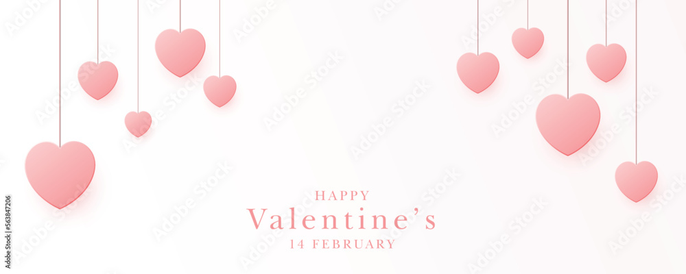 Valentines day banner with hanging hearts. Vector illustration.