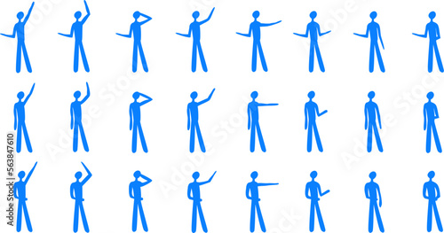 A set of poses of people who always have one hand down.