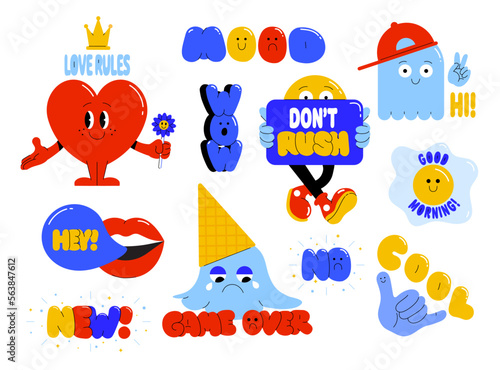 Cool Trendy Retro Stickers Collection. Set of Funny Character Emoticons. Pop Art Elements. Vector Illustration