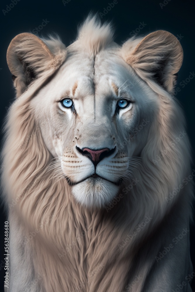 Portrait d'un lion blanc majestueux aux yeux bleus - illustration ia