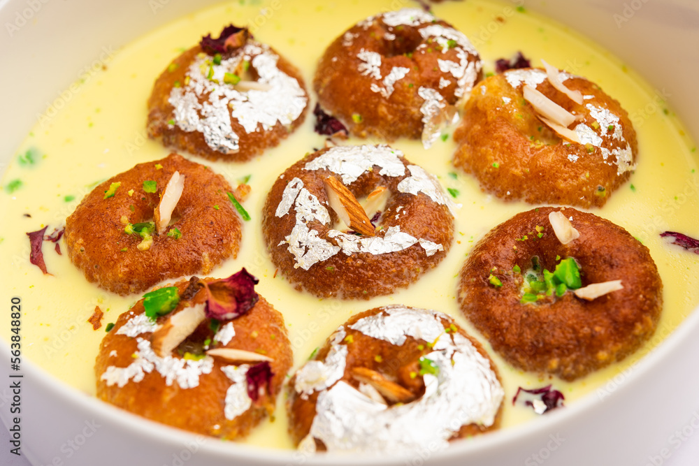 Rasbali is a traditional Indian sweet made from chhena or cottage cheese and dipped in sugar syrup Rasbali is a traditional Indian sweet made from chhena or cottage cheese and dipped in sugar syrup