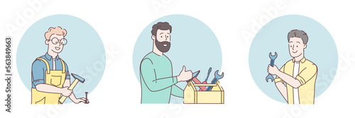 Set of Plumber. Technical repair. Worker customer service. Craftsman, workman, technician specialist character with a tool. Repairman hold tool box. Isolated on white background. Vector illustration
