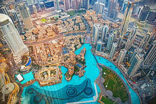 dubai mall and night towers from khalifa tower burj in emirates