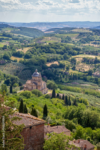 Italy, Tuscany, Montepulciano, View of San Biagio church and surrounding countryside in summer