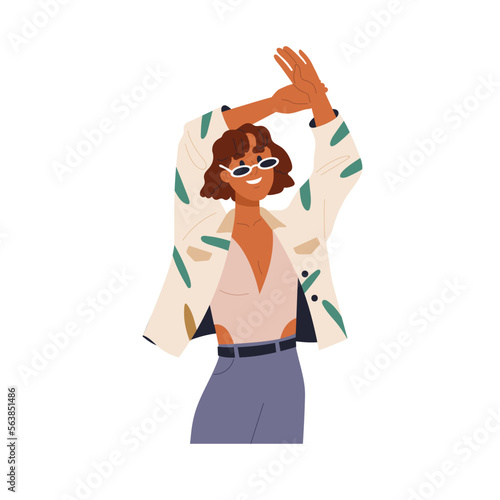 Young pretty suntanned woman posing with bent arms. Happy smiling girl in sunglasses and casual modern summer clothes, fashion trendy apparel. Flat vector illustration isolated on white background