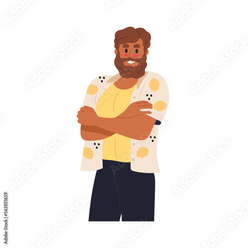 Shy confused smiling man blushing. Nice ashamed embarrassed modest guy with red cheeks, arms crossed, embarrassment expression, confusion emotion. Flat vector illustration isolated on white background