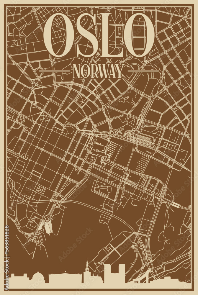 Brown hand-drawn framed poster of the downtown OSLO, NORWAY with highlighted vintage city skyline and lettering Brown hand-drawn framed poster of the downtown OSLO, NORWAY with highlighted vintage city skyline and lettering