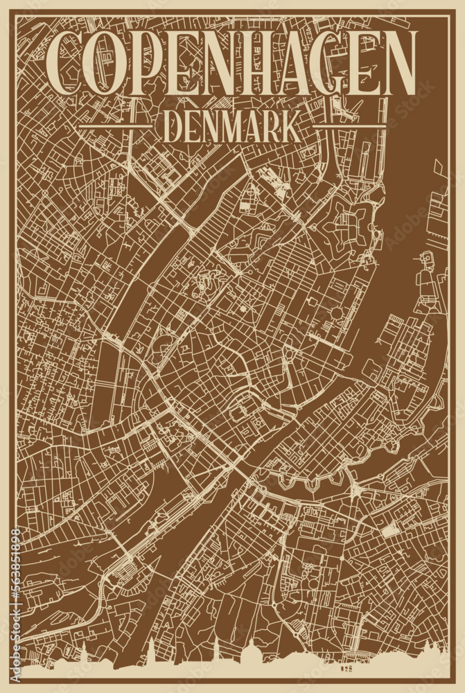 Brown hand-drawn framed poster of the downtown COPENHAGEN, DENMARK with highlighted vintage city skyline and lettering Brown hand-drawn framed poster of the downtown COPENHAGEN, DENMARK with highlighted vintage city skyline and lettering